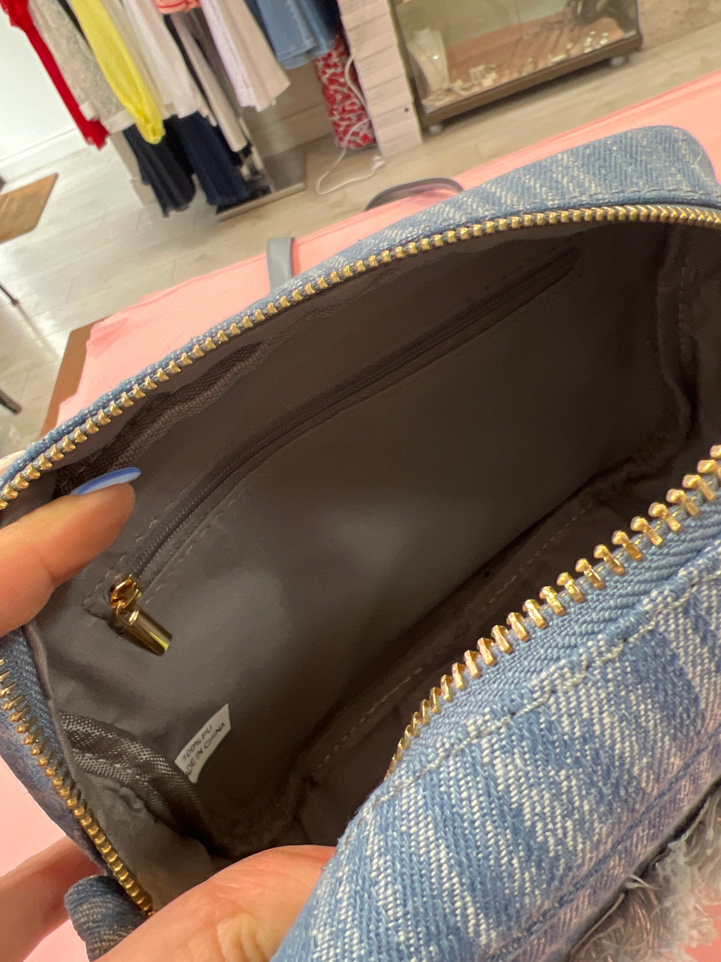 Light Denim Crossbody Bag with Gold Hardware & Adjustable Strap