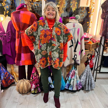 Oversized Wool Embroidery Gilet Orange & Green