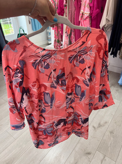 Coral & Navy Floral Cotton Top (One Size)