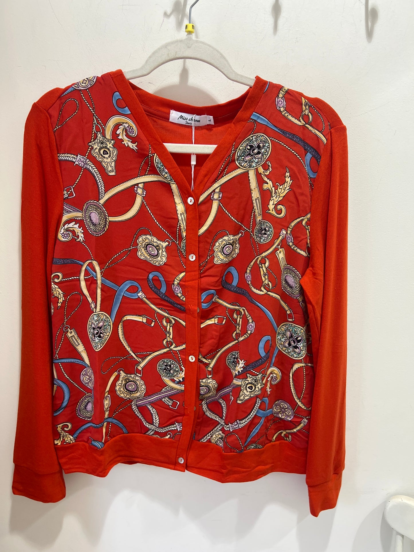 Red Printed Cardigan Button Front V Neck