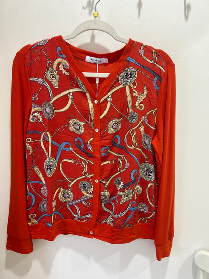 Red Printed Cardigan Button Front V Neck