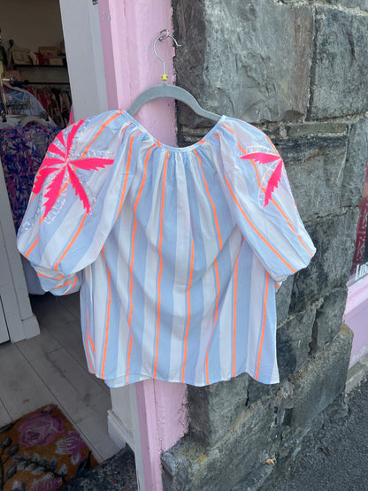 Neon Stripe Tassel Blouse – Blue & Coral