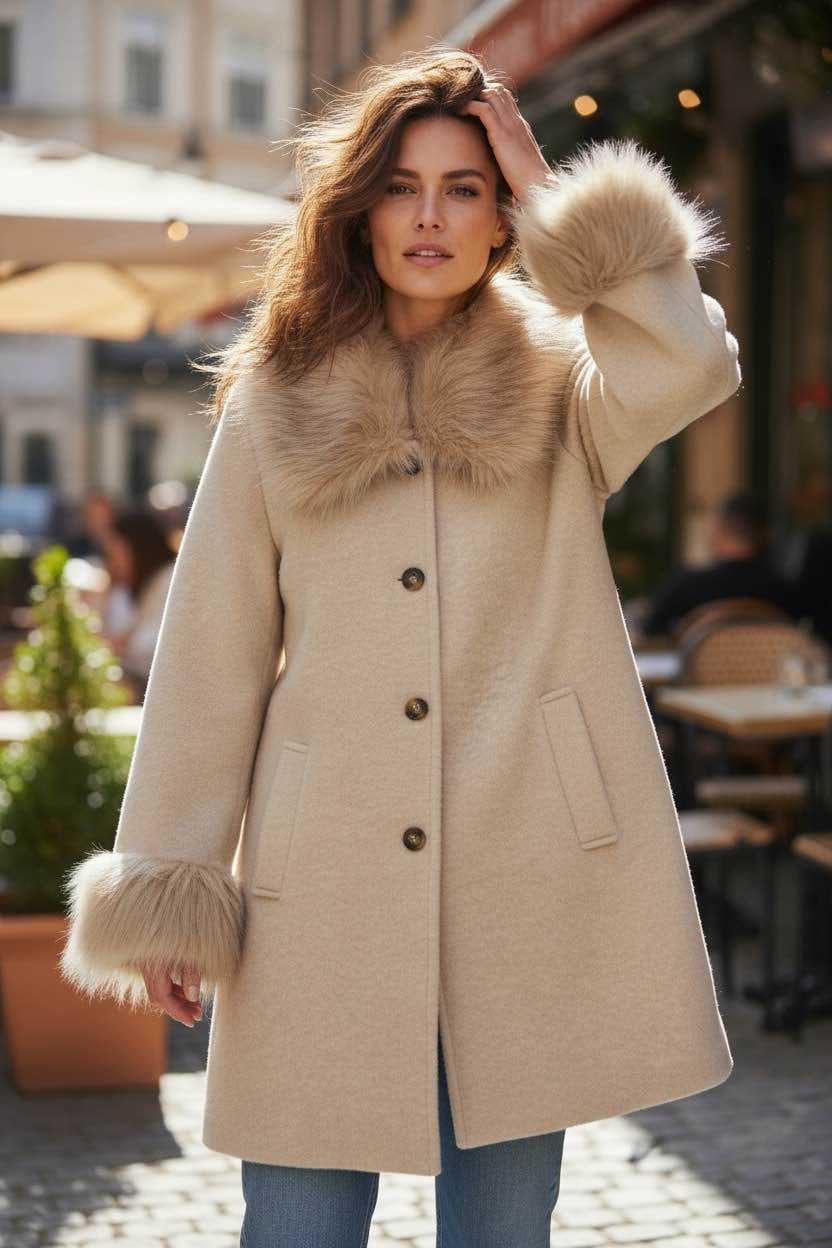 Jessica Coat Fur Trim Beige
