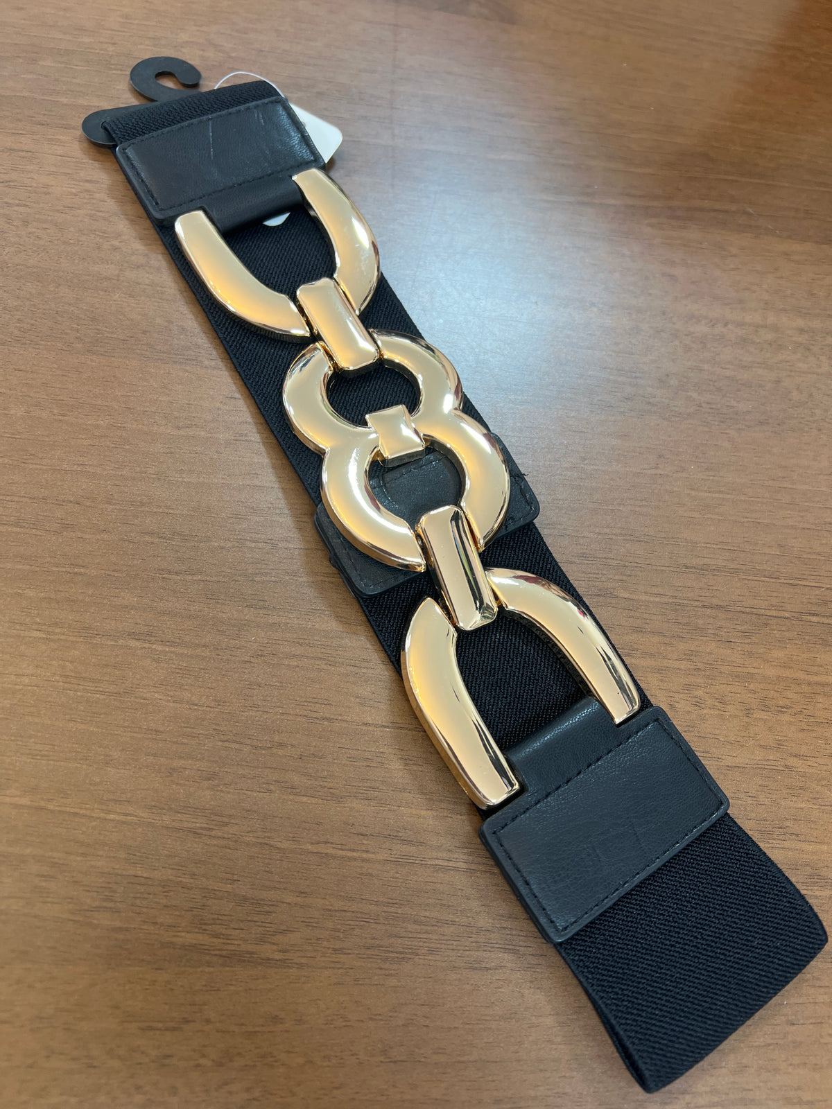 Black Elasticated Belt Gold Curb Front