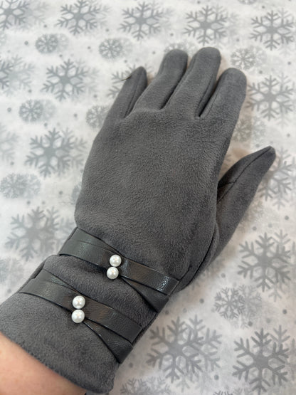 Grey Suedette Gloves Pearl Detail