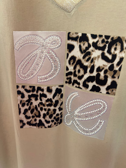Beige V-Neck Top Leopard & Pearl Design
