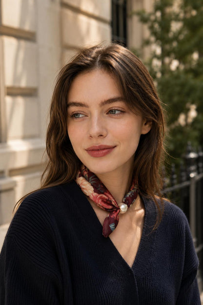 Magnetic Pearl Neck Scarf Burgandy Floral