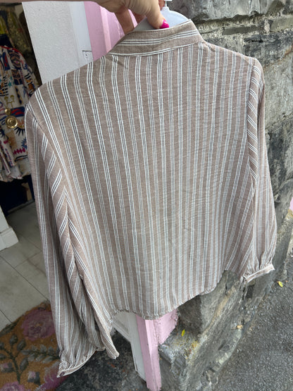 Mocha Stripe Embroidered Floral Blouse
