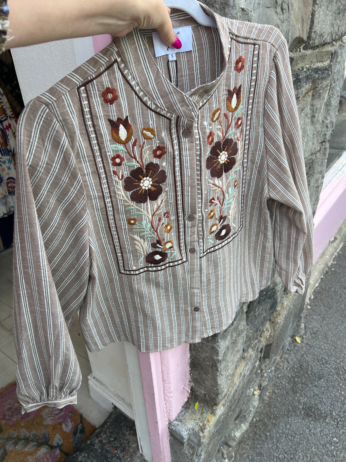 Mocha Stripe Embroidered Floral Blouse