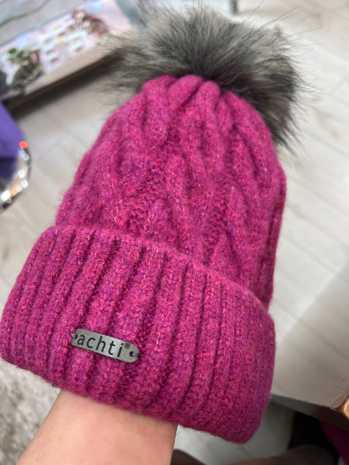 Magenta Cable Knit & PomPom Hat