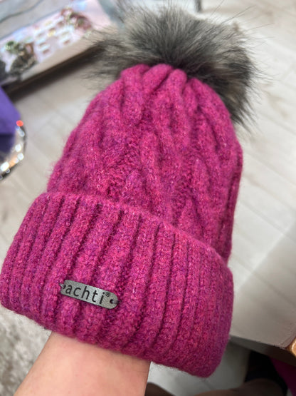 Magenta Cable Knit & PomPom Hat