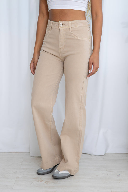 Zelia Beige Wide Leg Stretch Jeans