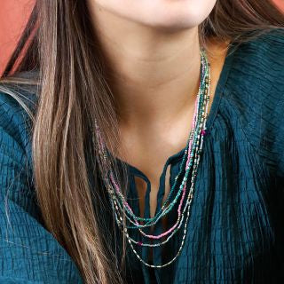 POM Multistrand Boho Necklace Green & Pink