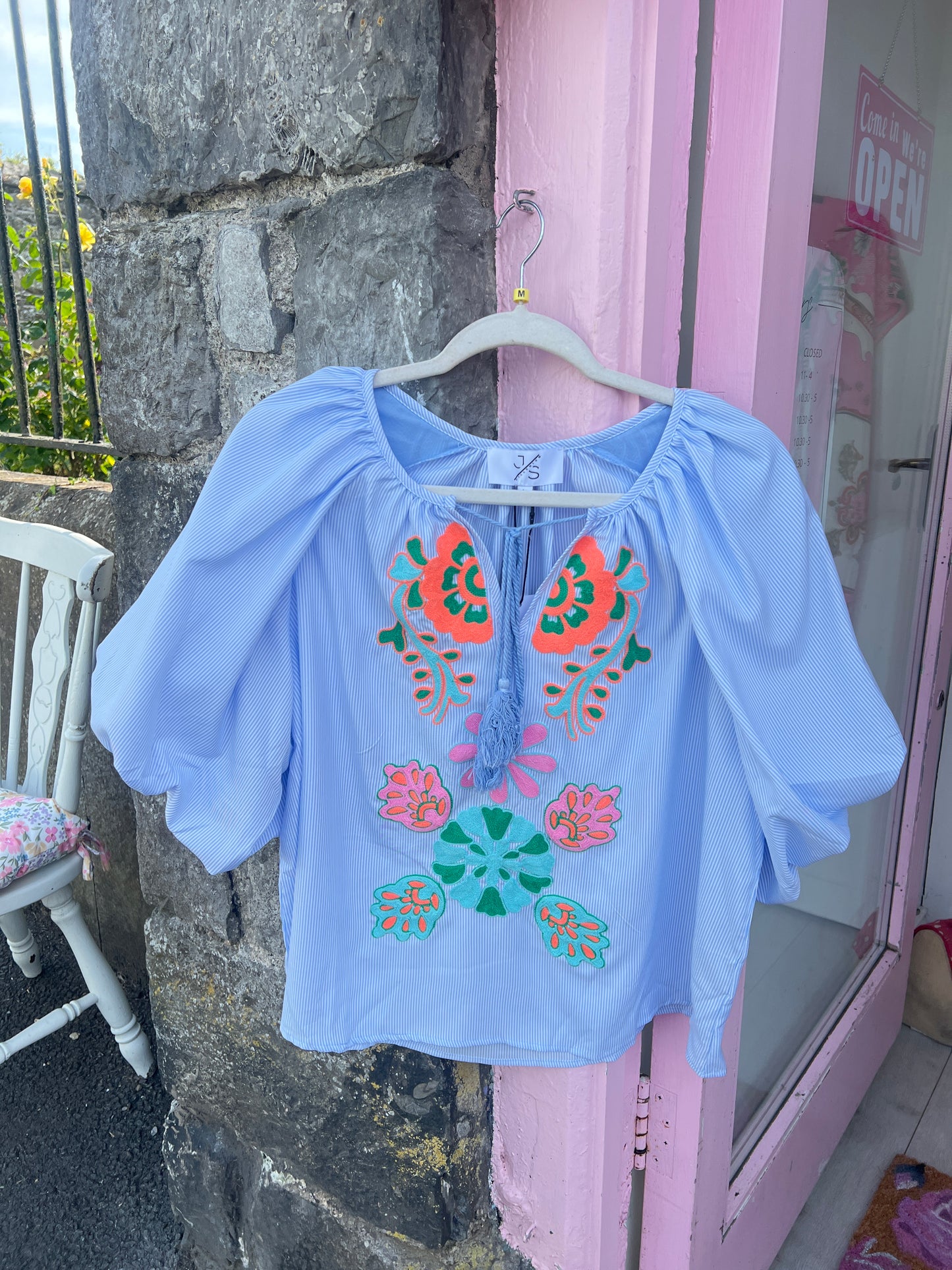 Sky Blue Stripe Embroidered Puff Sleeve Blouse