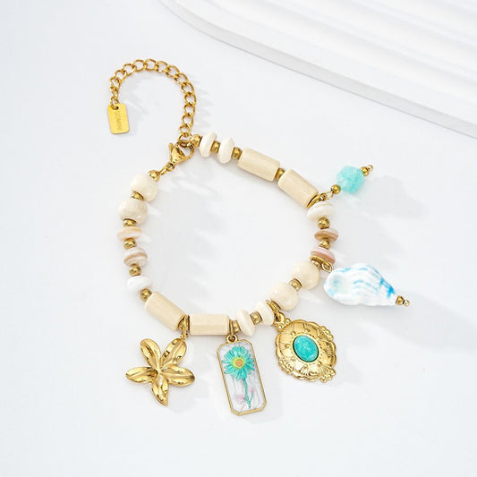 Cream Gold & Turquoise Charm Bracelet