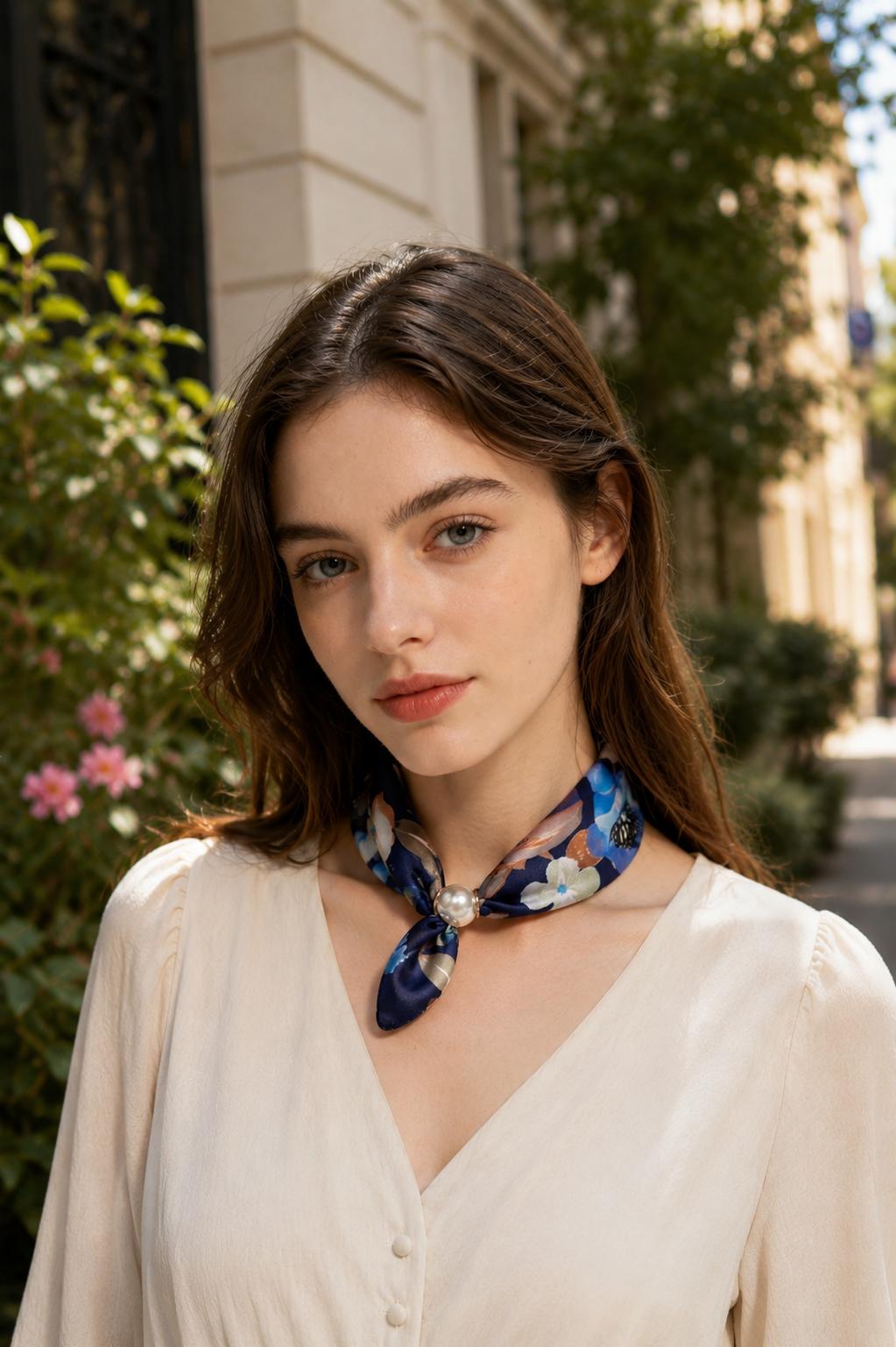 Magnetic Pearl Neck Scarf Blue Floral