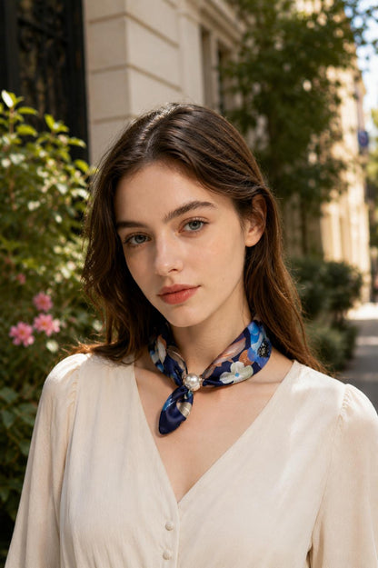 Magnetic Pearl Neck Scarf Blue Floral