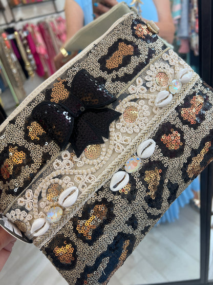 Leopard Sequenced & Cream Lurex WristBag/Crossbody