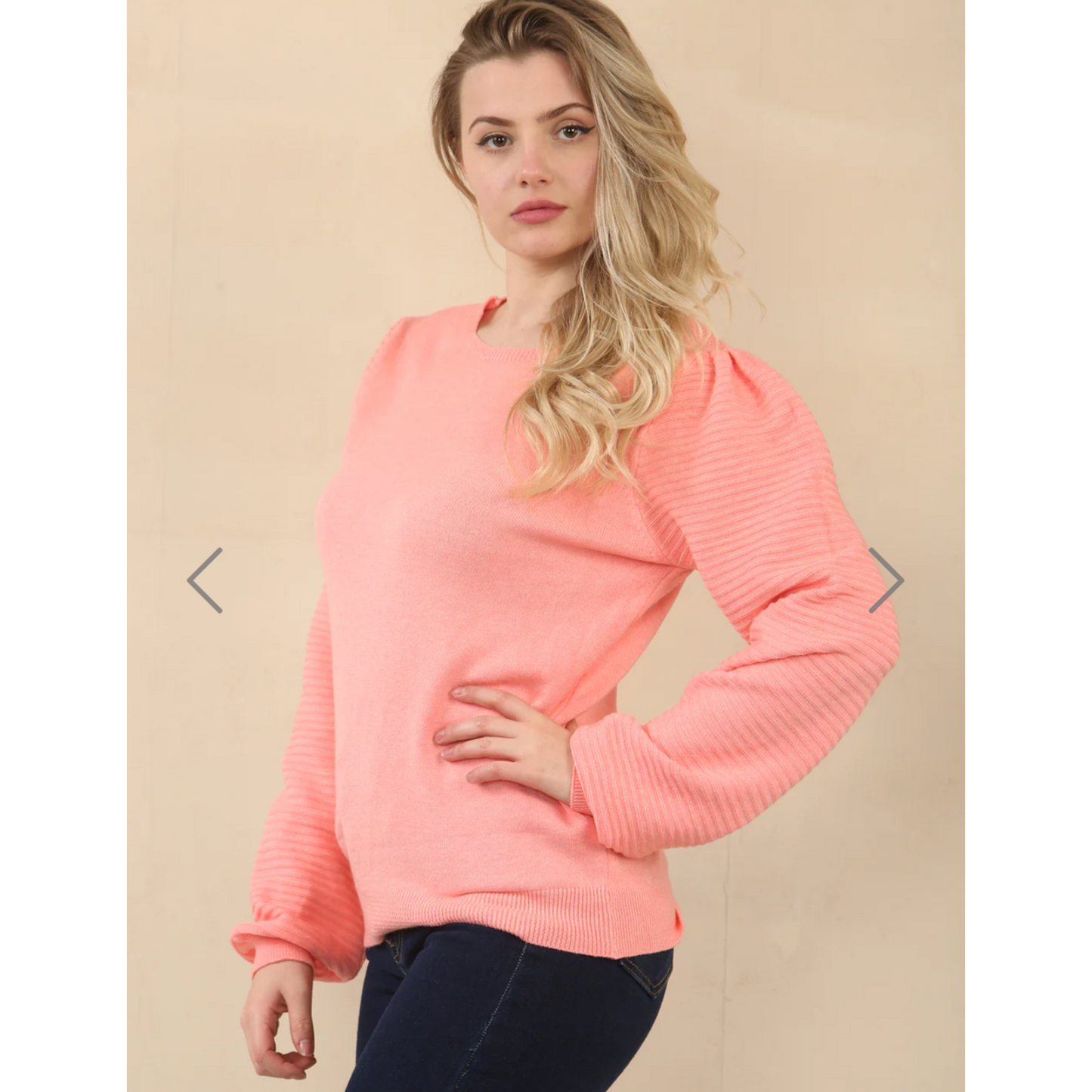 Gemma Coral Knit Jumper Ribbed Sleeves