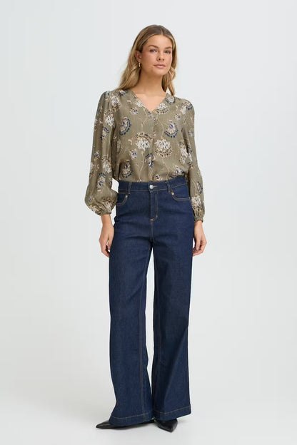 FRANSA Khaki Floral V Neck Blouse