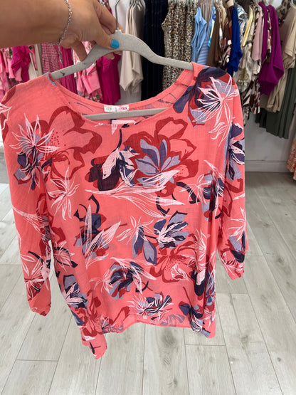 Coral & Navy Floral Cotton Top (One Size)