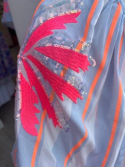 Neon Stripe Tassel Blouse – Blue & Coral