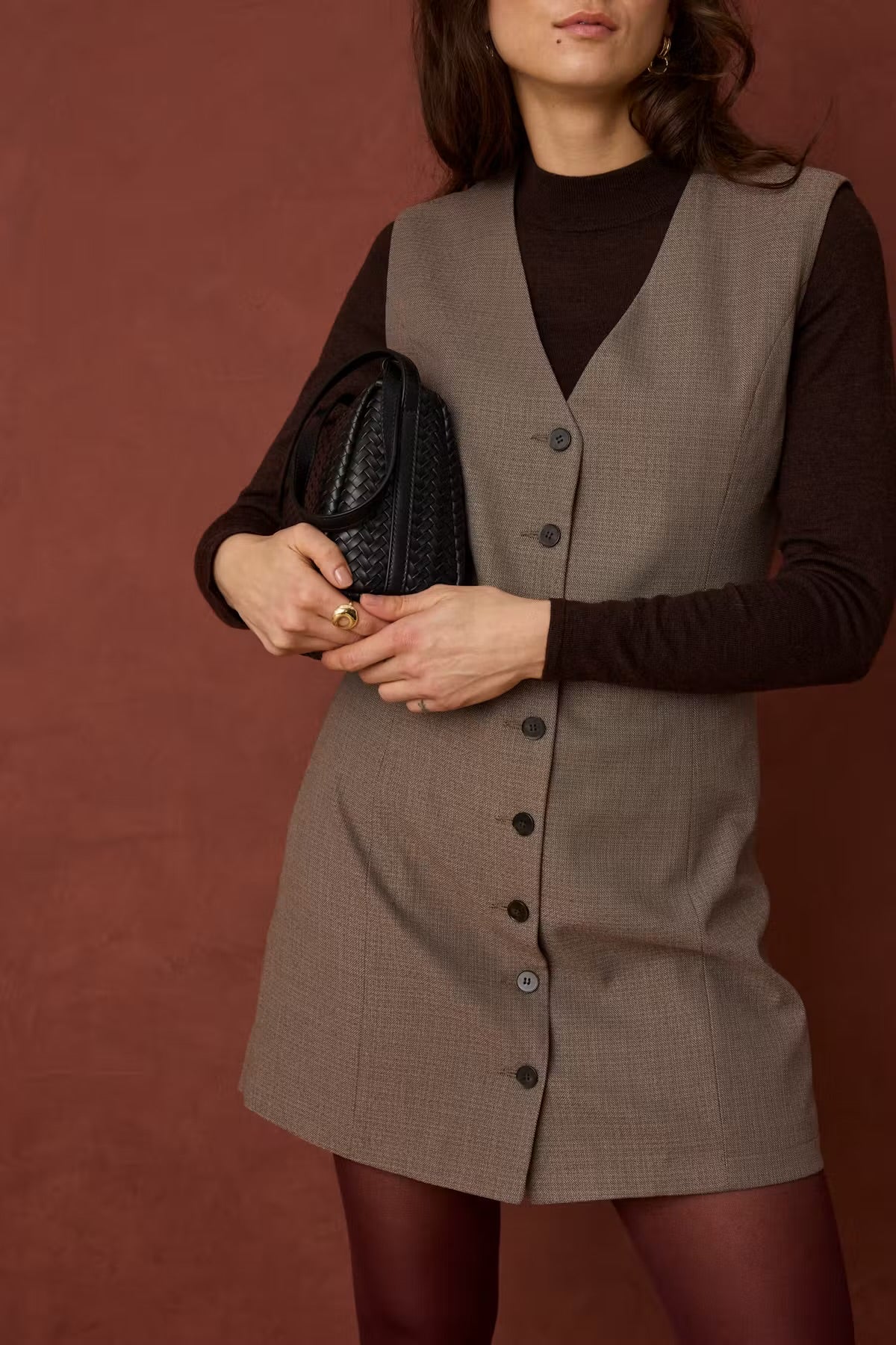 FRANSA Taupe Button Front Pinafore Dress