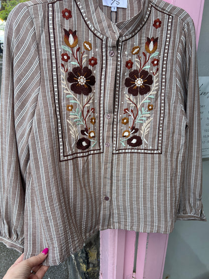 Mocha Stripe Embroidered Floral Blouse