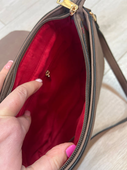 Colour Block Patchwork Crossbody Bag – Red, Pink & Taupe Camel