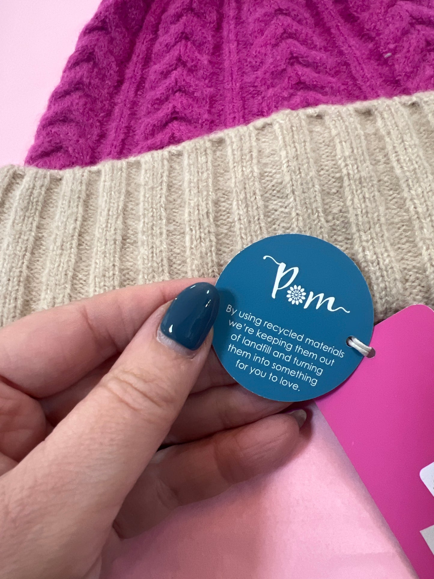 POM Pink & Beige Hat Green Bobble