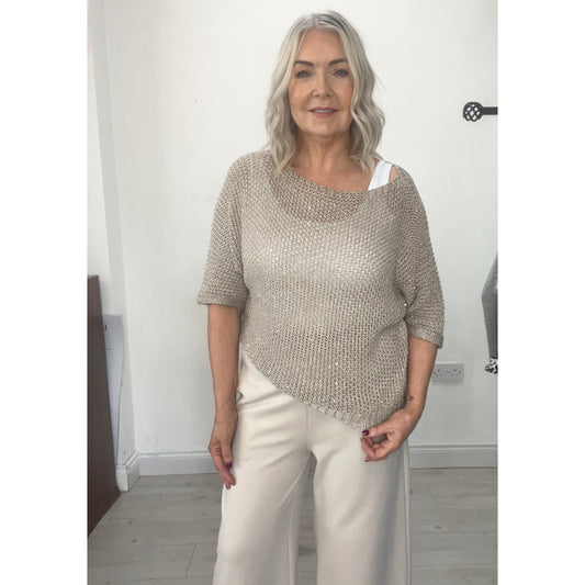 Taupe Knitted Short Sleeved Jumper With Sparkle