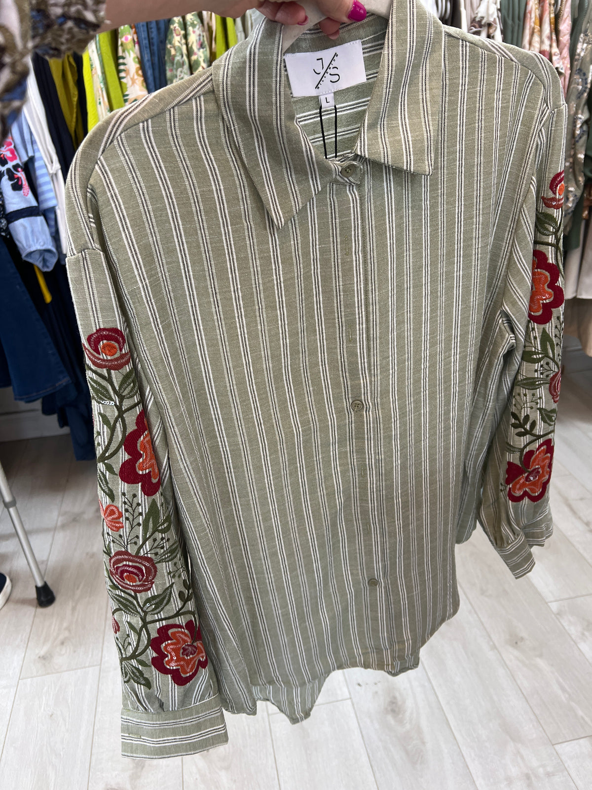 Green Boho Striped Embroidered Shirt