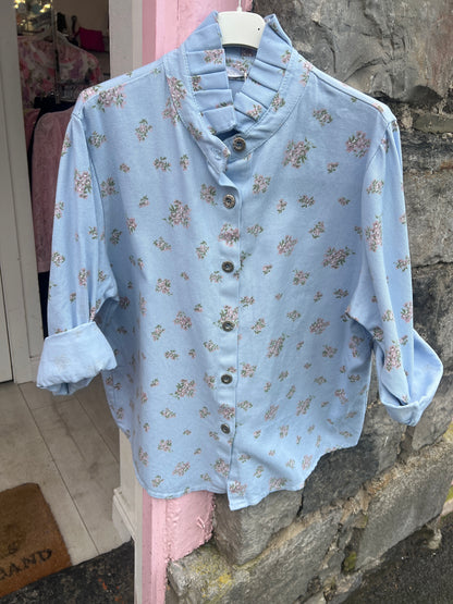 Floral Blossom Buttoned Denim Jacket Top Ruffle Neck (3 Colours)