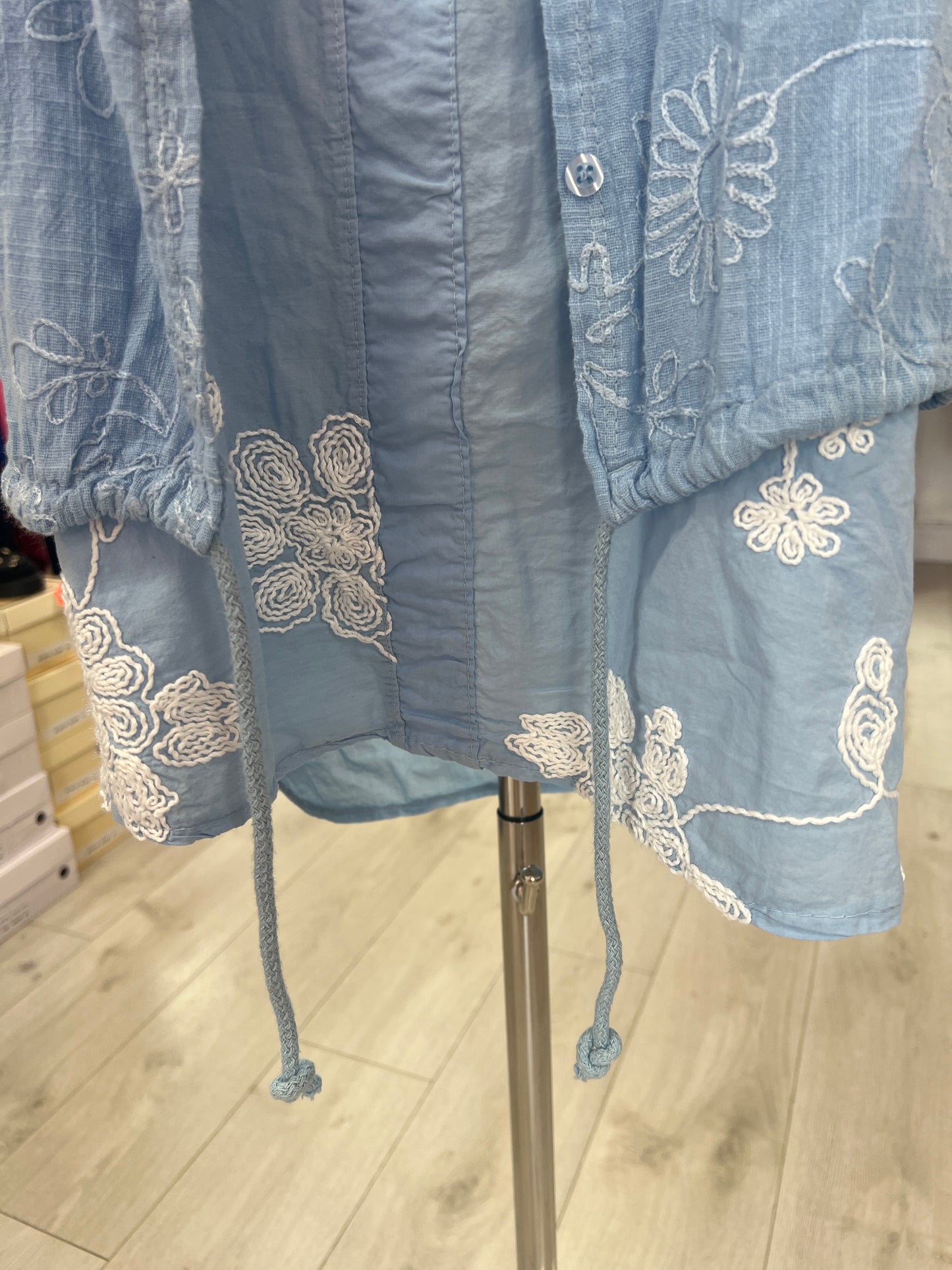 Sky Blue Embroidered Hooded Cotton Jacket
