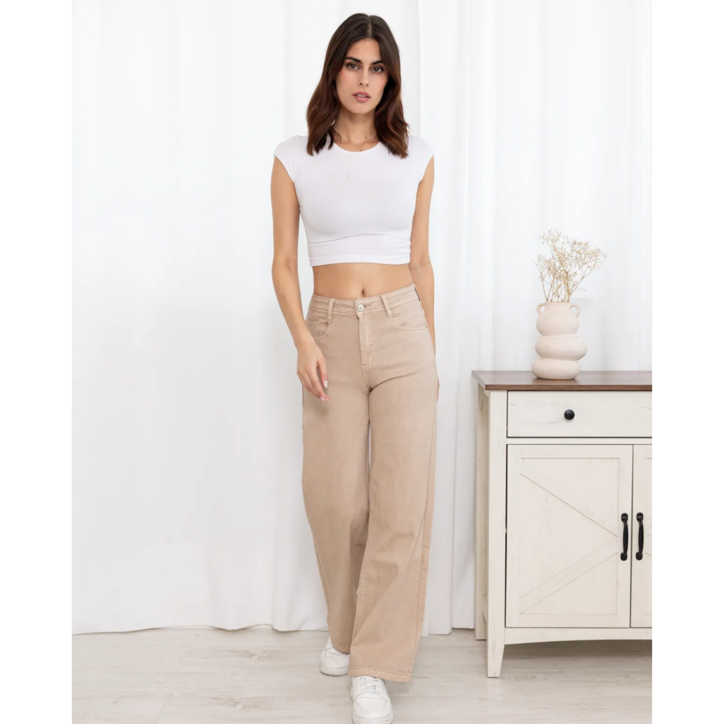 Deborah Beige Wide Leg Jeans