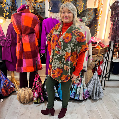 Oversized Wool Embroidery Gilet Orange & Green