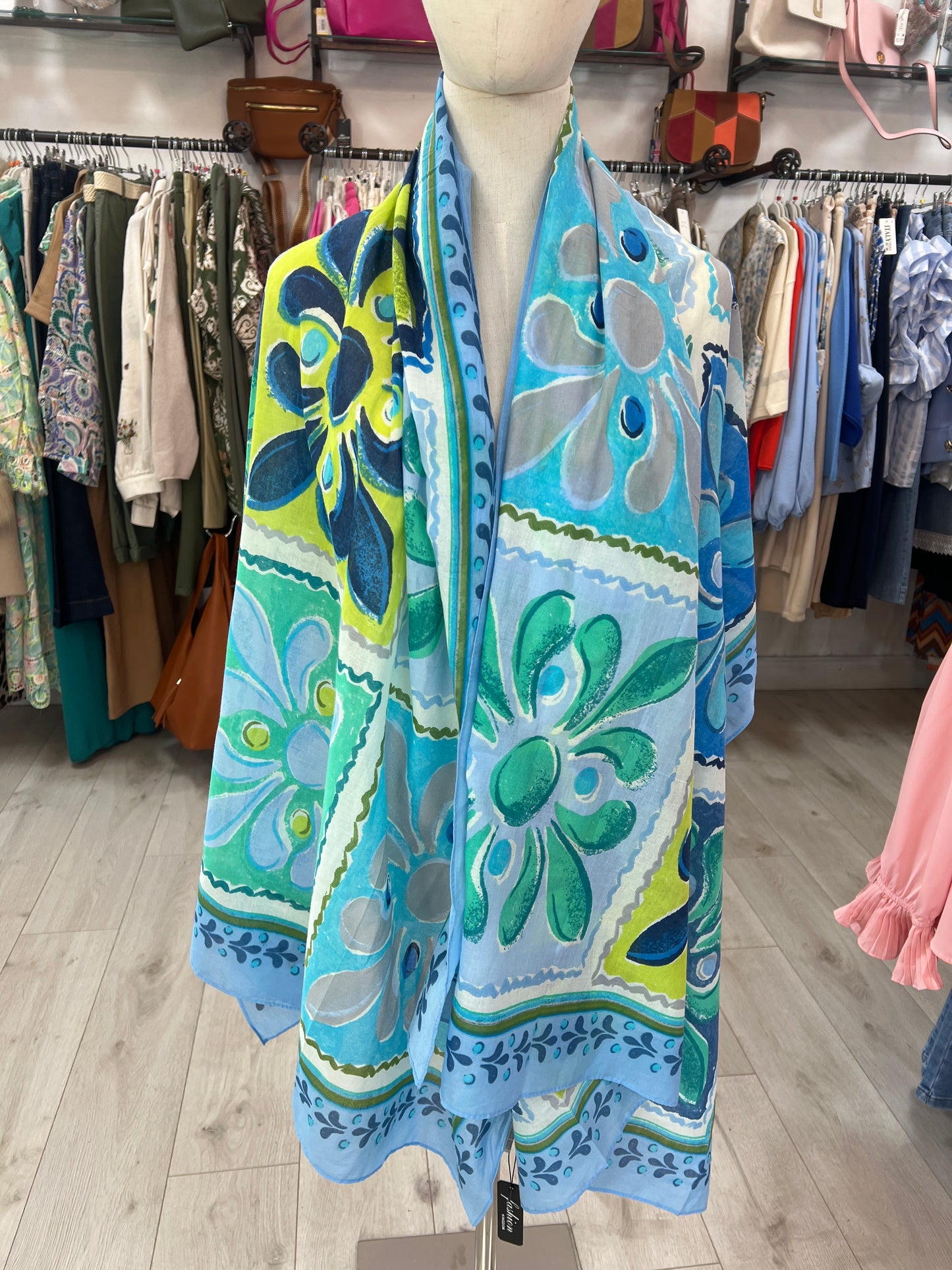 Multicoloured Cotton Scarf Blue Trim