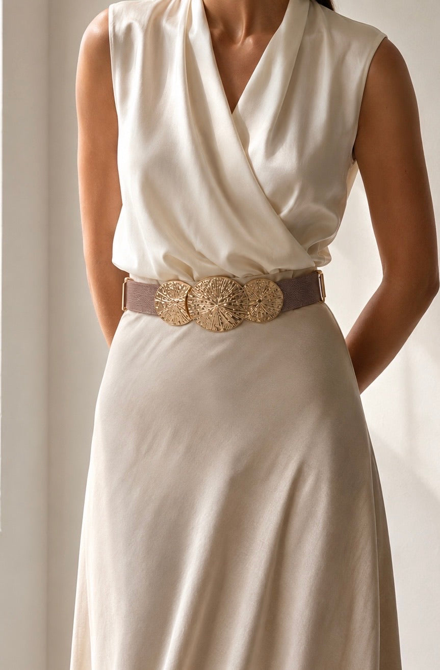 Taupe Elasticated Belt Gold Discs