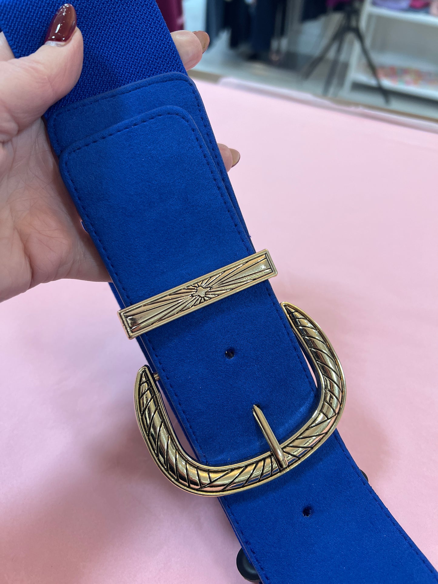 Cobalt Blue Suedette Elasticated Belt Gold Buckle
