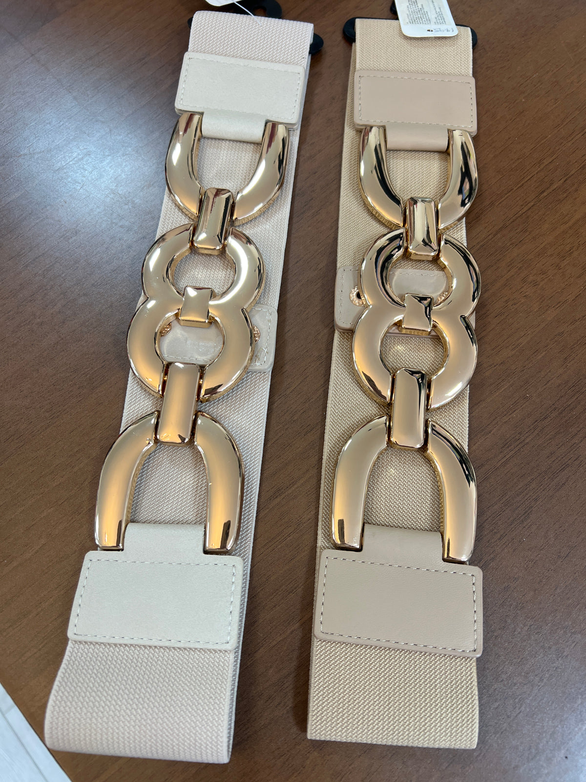 Dark Beige Elasticated Belt Gold Curb