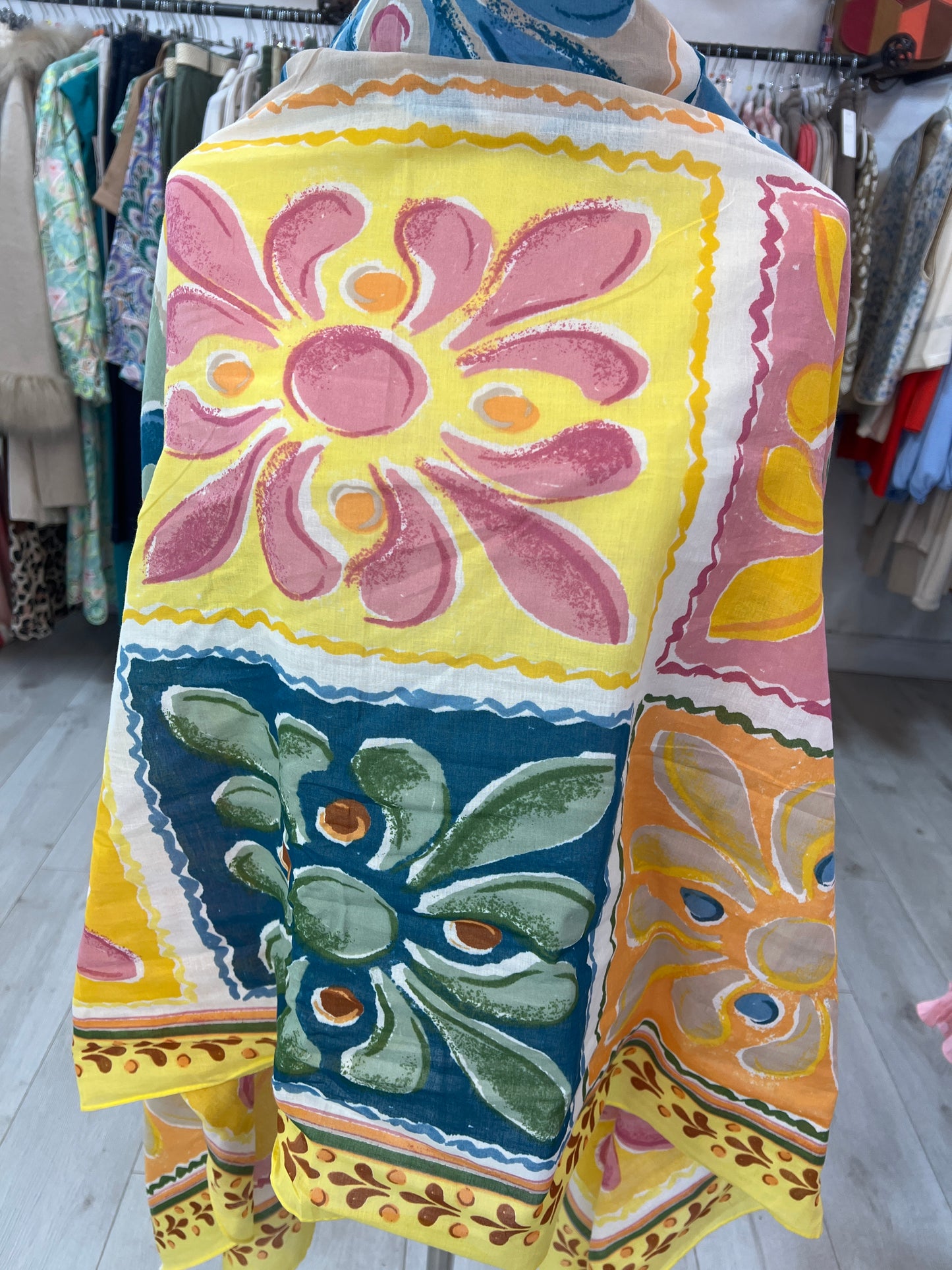 Multicoloured Cotton Print Scarf Yellow Trim