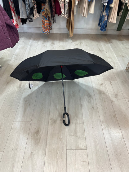 Upside Down Umbrella Black With Magenta Rose Green Leaves