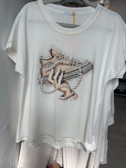 Ester Cream Hold T-Shirt Crystal Pearl Embellished Trainer