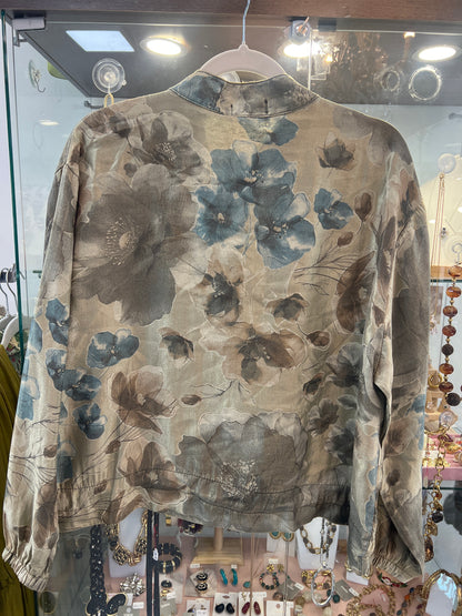 Khaki & Teal Floral Zipped Bomber Jacket