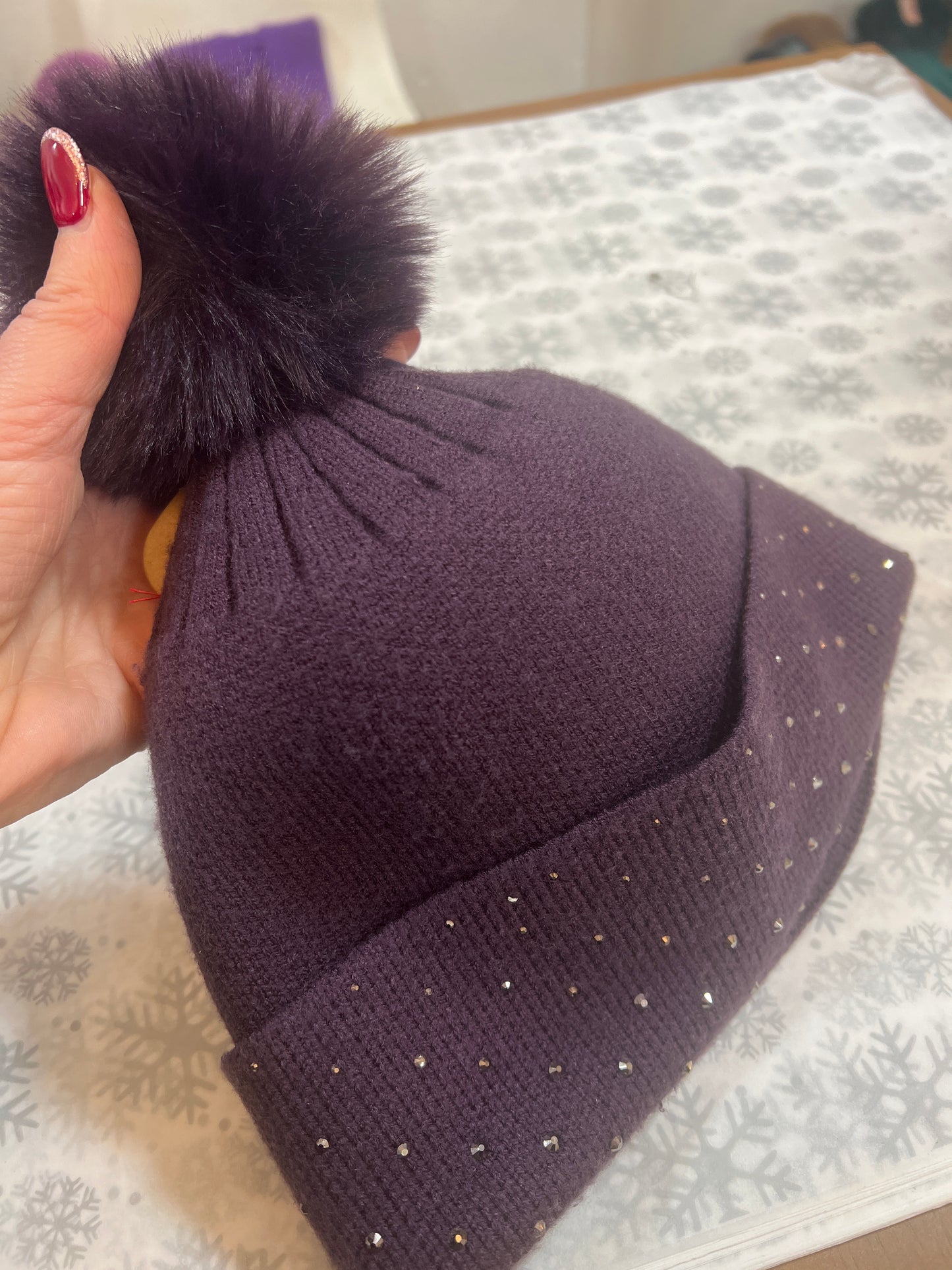 POM Purple Bobble Hat Crystal Detail