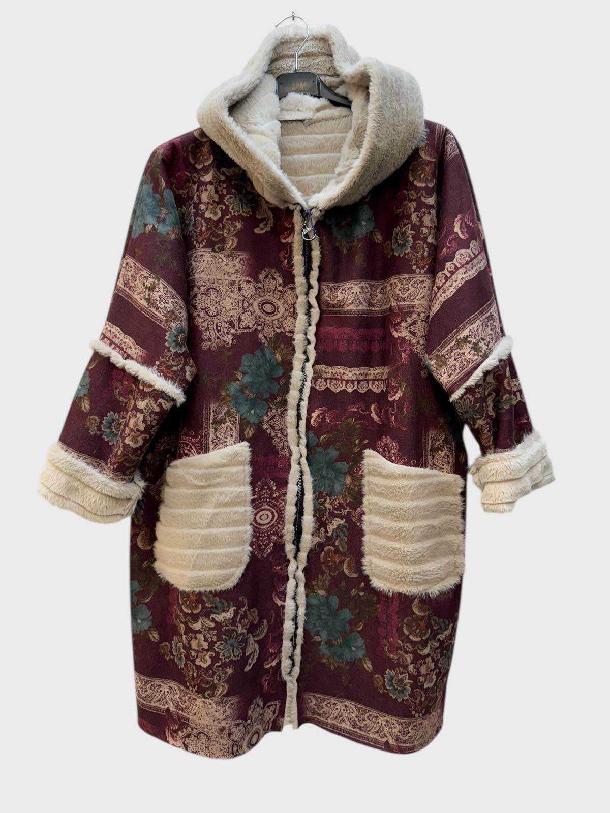 Oversized Hooded Printed Coat Wine & Teal