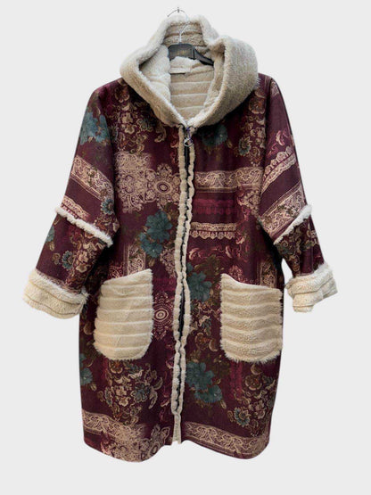 Oversized Hooded Printed Coat Wine & Teal