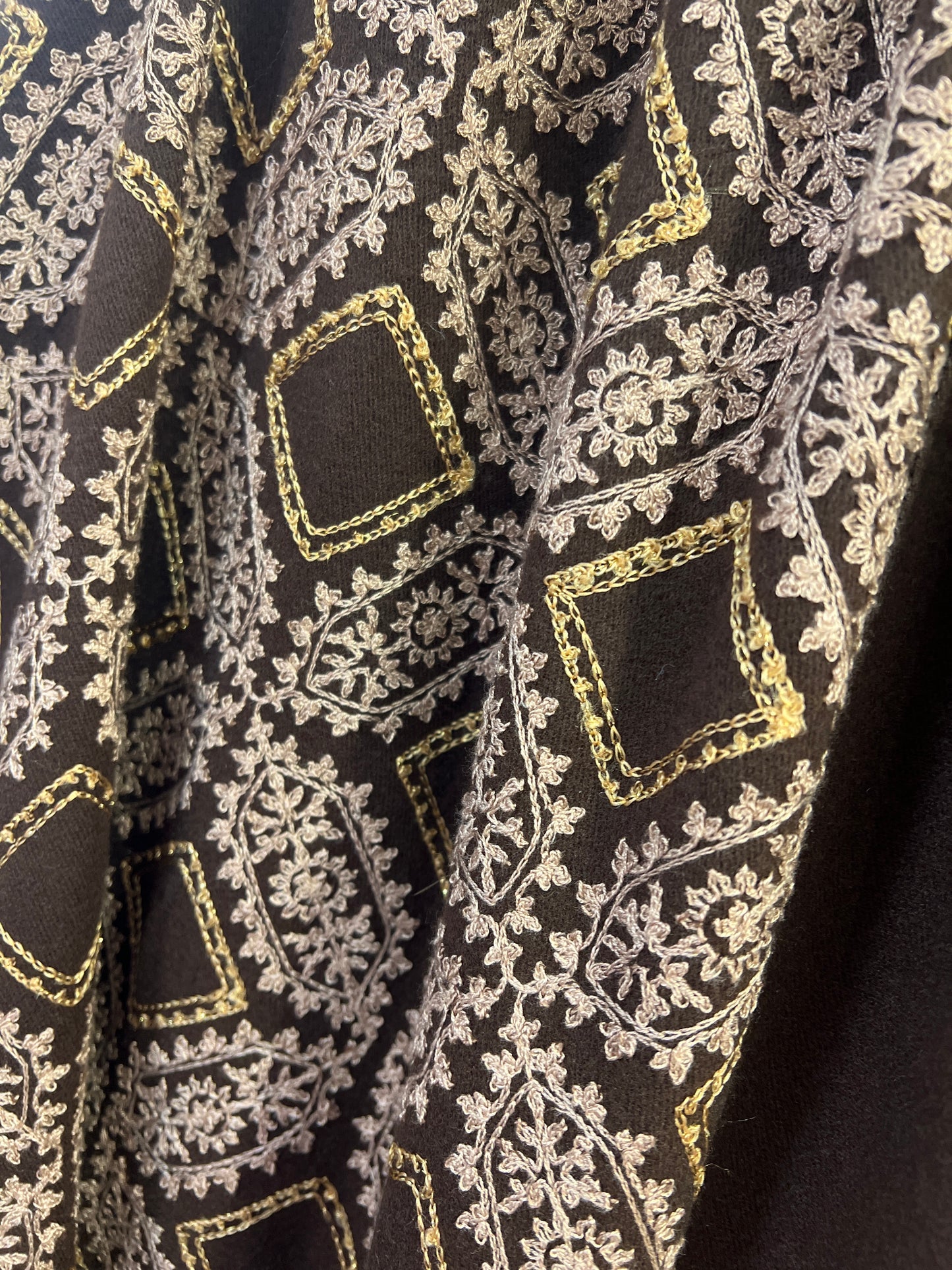 Chocolate Brown Beige Embroidered Pashmina Gold Thread