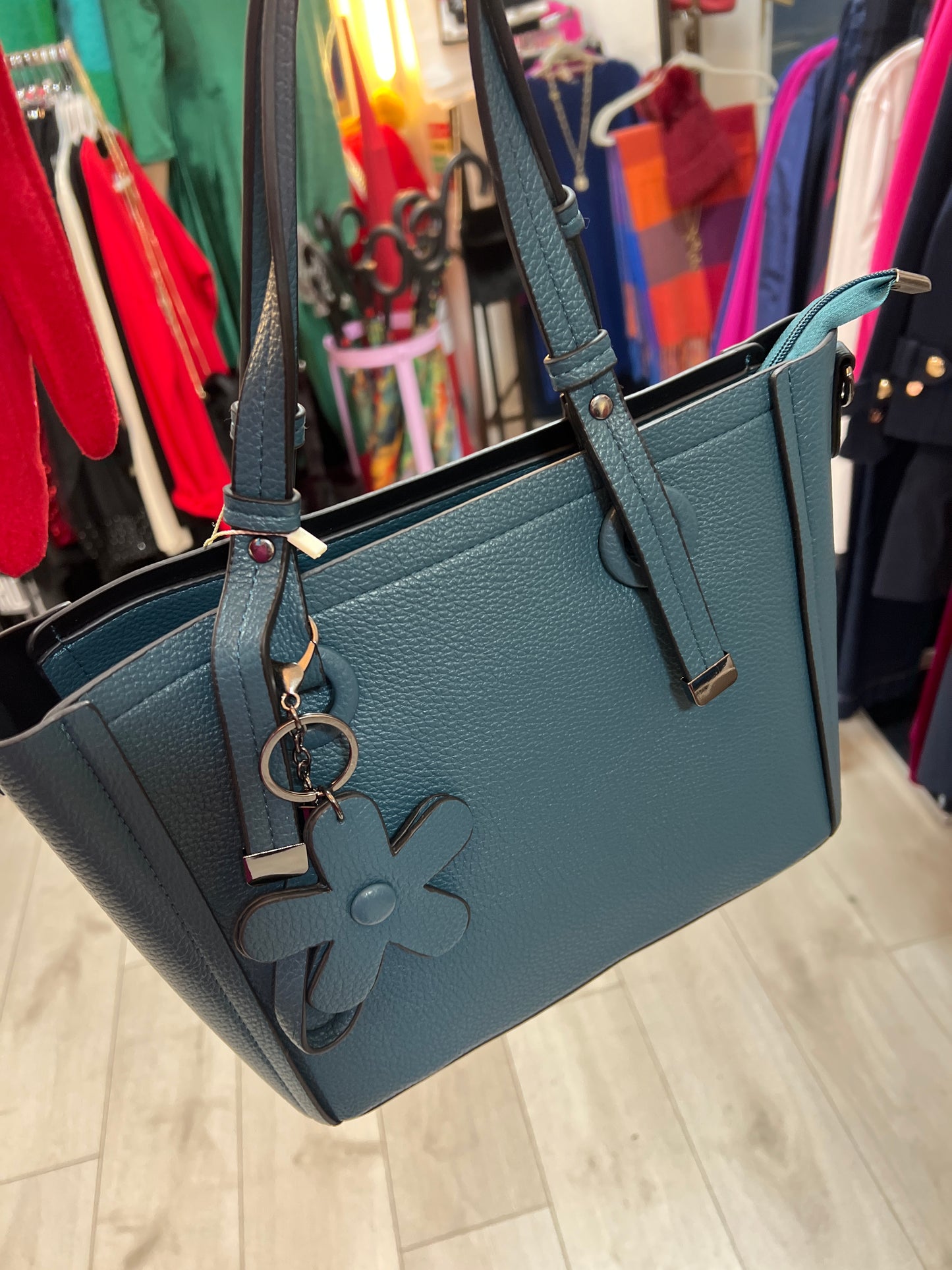 Teal Tote Bag Flower Charm