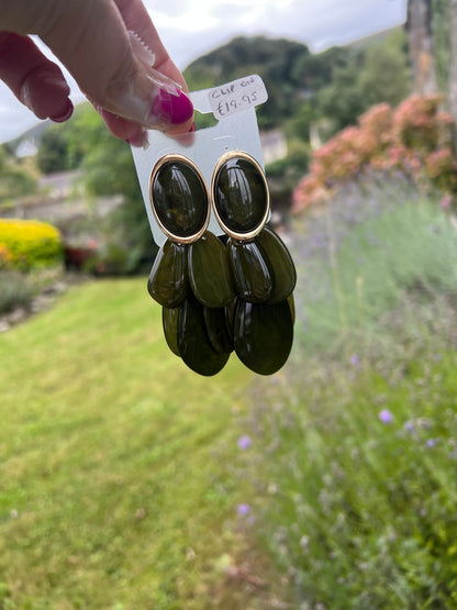 Khaki/Gold Clip On Statement Earrings